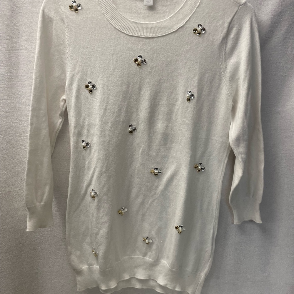 New York & Company womens sweater Small white jewels pearls gems Bling designer